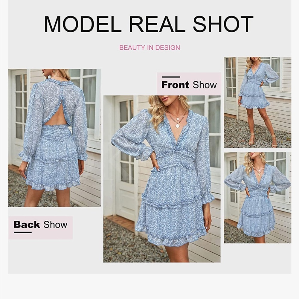 Womens Deep V Neck Ruffle Long Sleeve Dress Size Small